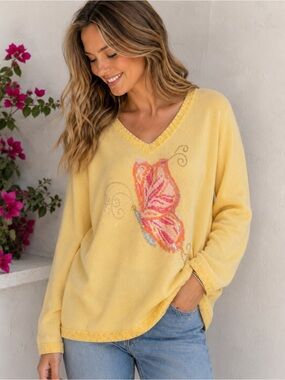 The Quacker Factory Yellow Sequin Butterfly Sweater Size Medium